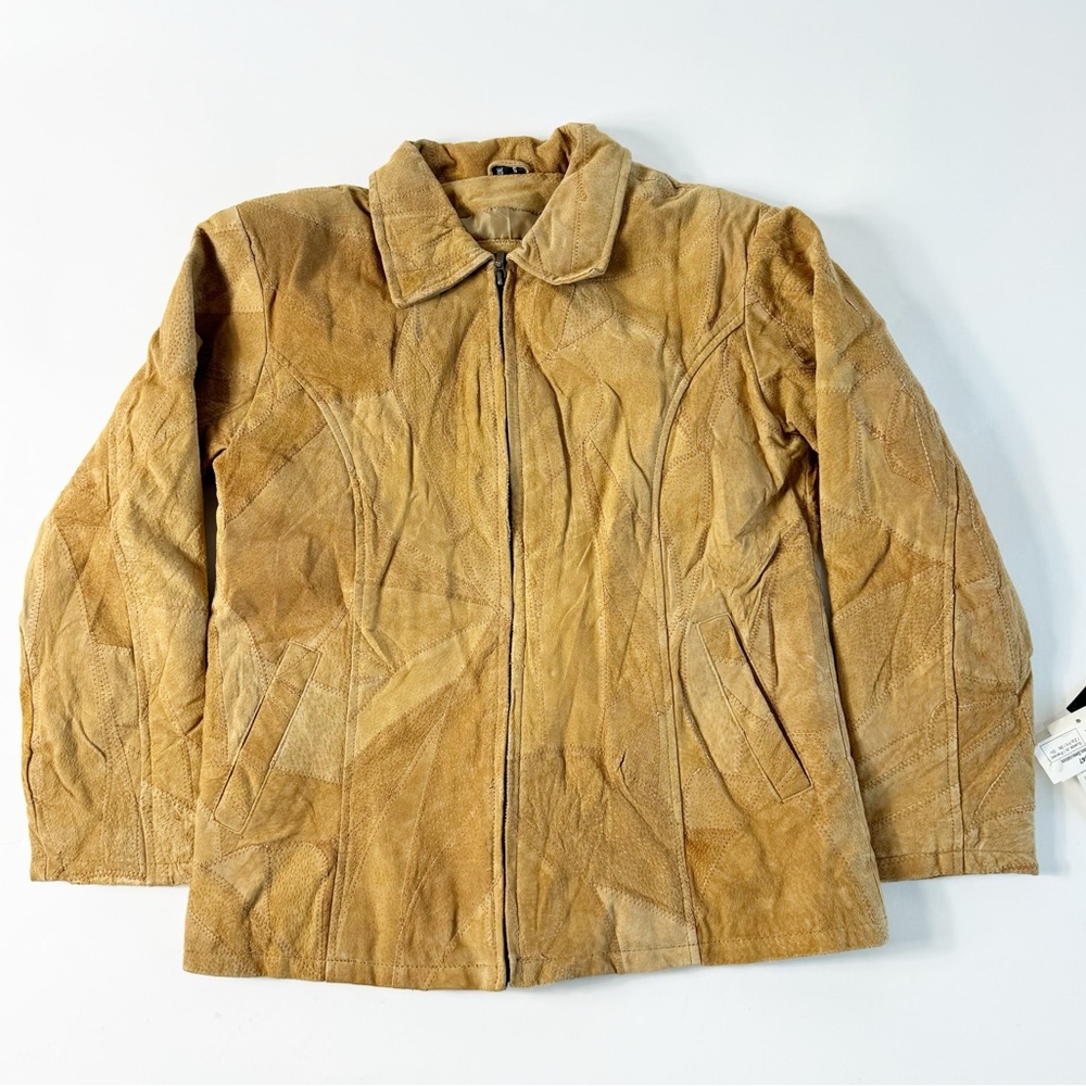 🪩 271. HENIG‎ FURS Womens Small Tan Suede Leather Quilted Patchwork Jacket Zip